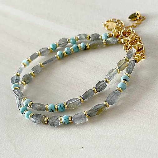 Labradorite and Larimar Bracelet Steel Gold / Náramok larimar, labradorit, oceľ, E073