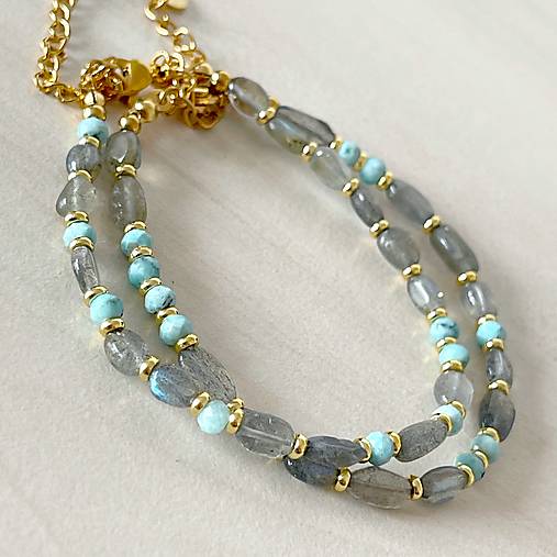 Labradorite and Larimar Bracelet Steel Gold / Náramok larimar, labradorit, oceľ, E073