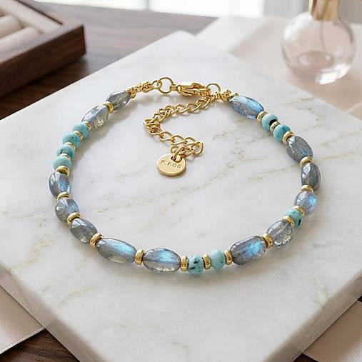 Labradorite and Larimar Bracelet Steel Gold / Náramok larimar, labradorit, oceľ, E073