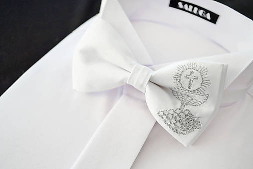 Detské doplnky - Motýlik na 1. sväté prijímanie - strieborný - hrozno - vyšívaný - 18243655_