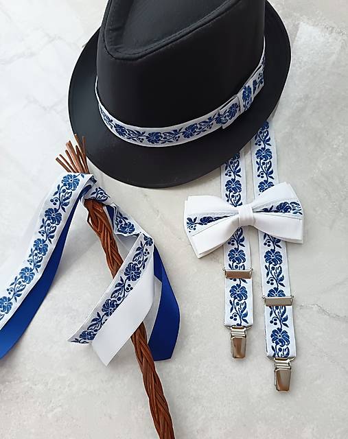 Pánske doplnky - Set na veľkú noc pre šibača, motýlik, traky, klobúk a korbáč - 18243684_