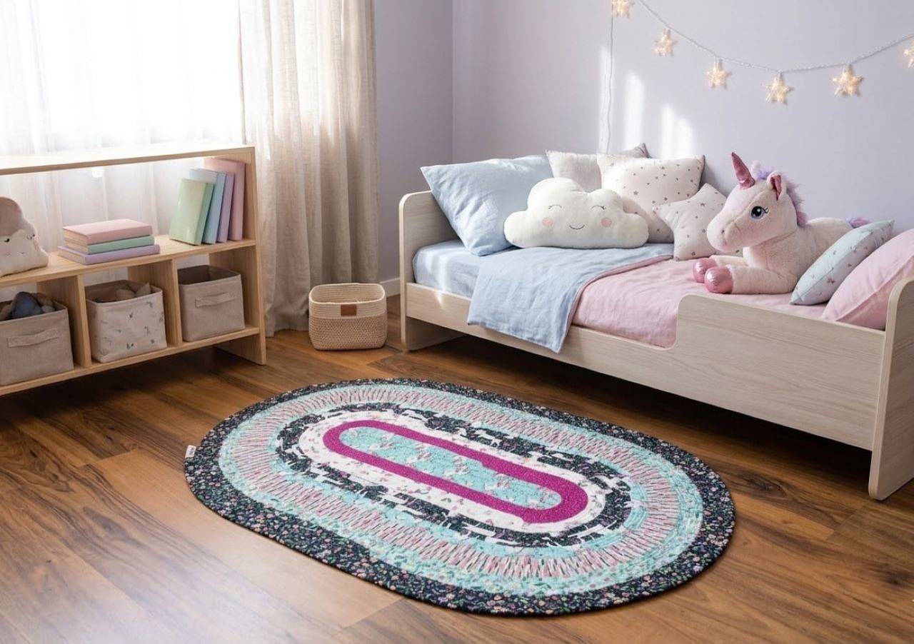Detský koberec Jednorožec – ručne šitý bavlnený koberec, prateľný Jelly Roll koberec do detskej izby