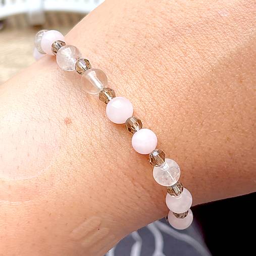 E073 Elastic Rose Quartz, Crystal Quartz Rosary / Ruženec ruženín, krištáľ