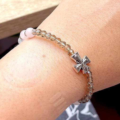 E073 Elastic Rose Quartz, Crystal Quartz Rosary / Ruženec ruženín, krištáľ