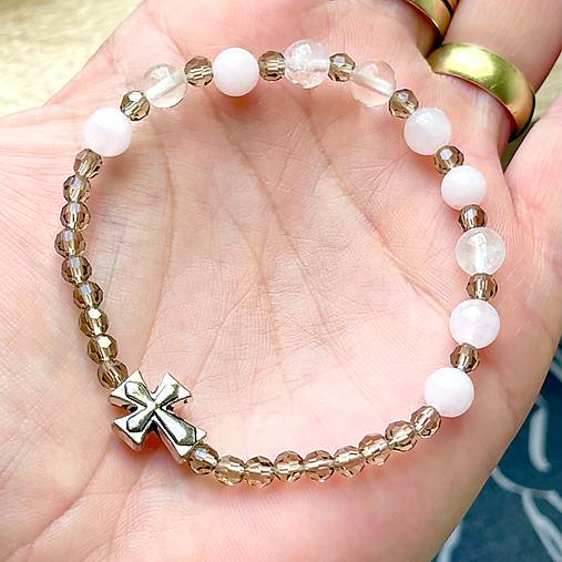 E073 Elastic Rose Quartz, Crystal Quartz Rosary / Ruženec ruženín, krištáľ