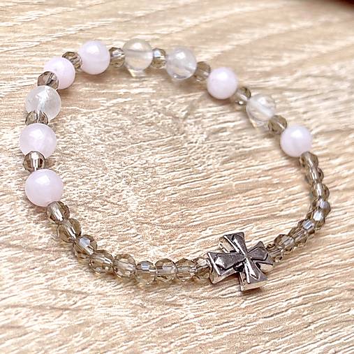 E073 Elastic Rose Quartz, Crystal Quartz Rosary / Ruženec ruženín, krištáľ