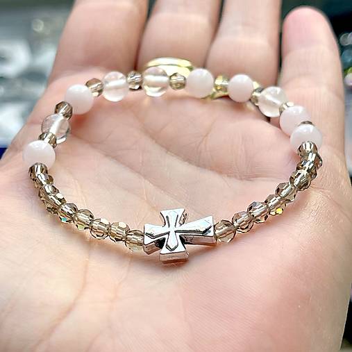 E073 Elastic Rose Quartz, Crystal Quartz Rosary / Ruženec ruženín, krištáľ