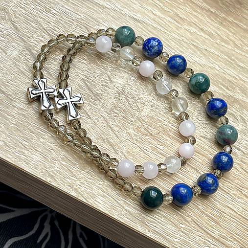 E073 Elastic Rose Quartz, Crystal Quartz Rosary / Ruženec ruženín, krištáľ