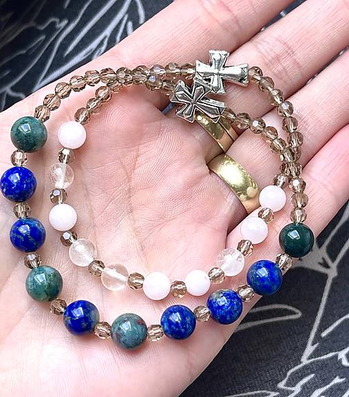 E073 Elastic Rose Quartz, Crystal Quartz Rosary / Ruženec ruženín, krištáľ