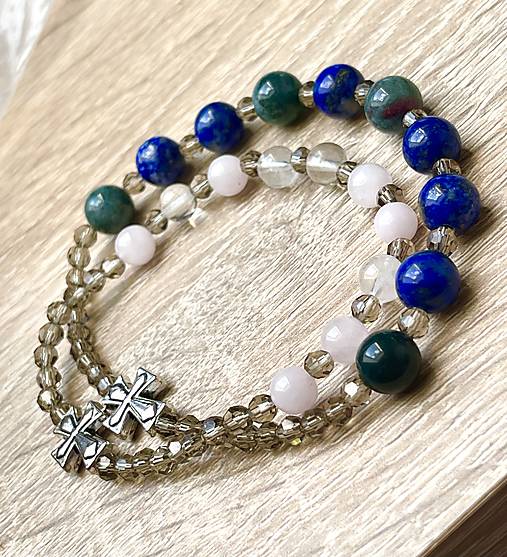 E073 Elastic Rose Quartz, Crystal Quartz Rosary / Ruženec ruženín, krištáľ