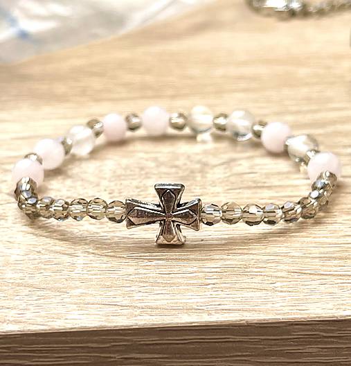 E073 Elastic Rose Quartz, Crystal Quartz Rosary / Ruženec ruženín, krištáľ