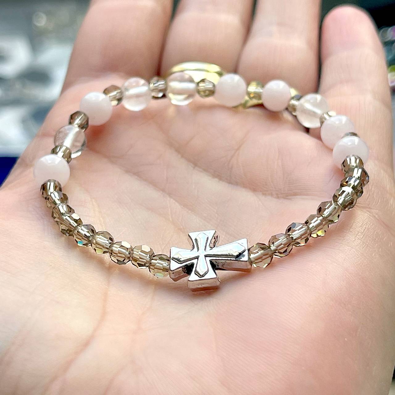 E073 Elastic Rose Quartz, Crystal Quartz Rosary / Ruženec ruženín, krištáľ