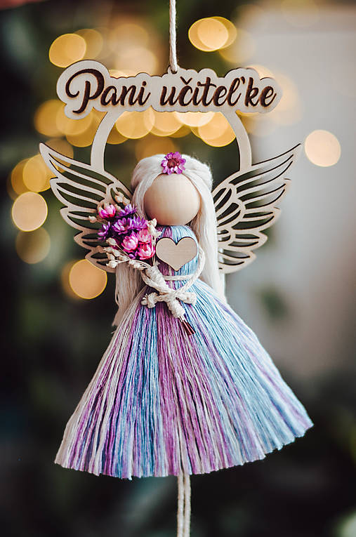 Dekorácie - Macrame anjelik, Pani učiteľke, Pani vychovávateľke  (Fialová, Pani učiteľke) - 18244824_