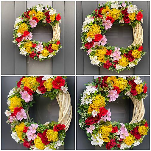 Jarný veniec na svetlom prutenom základe dekorácia na dvere Polmesiac