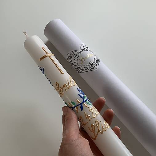 Ručne maľovaná krstná svieca s personalizáciou – 35 cm, biely vosk (6)