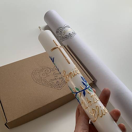 Ručne maľovaná krstná svieca s personalizáciou – 35 cm, biely vosk (6)