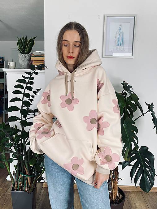 Mikiny - Unisex béžová mikina Kvetiny - 18251287_