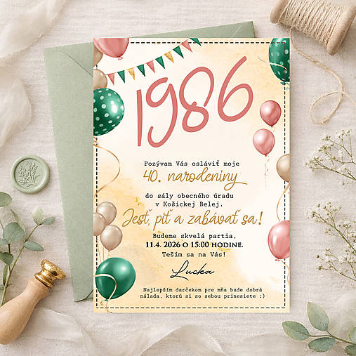 Narodeninová pozvánka na 30, 40, 50 s balónmi  (smaragdové, rosegold a béžové balóny)