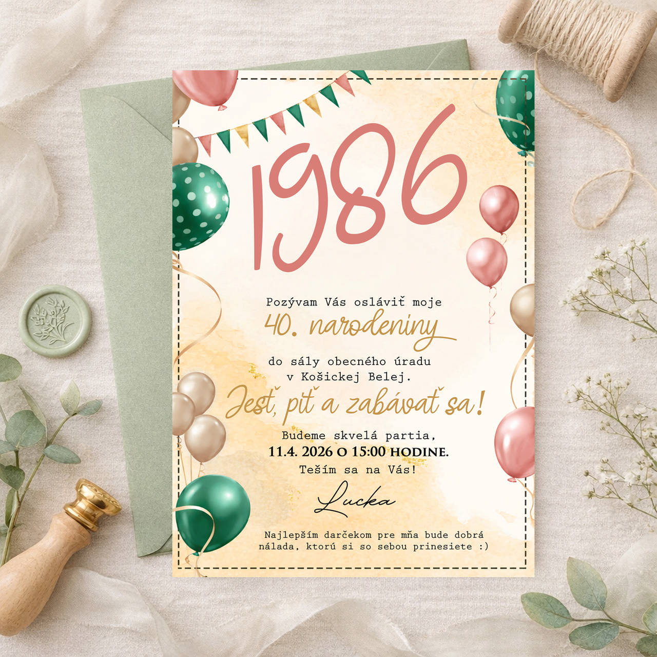 Narodeninová pozvánka na 30, 40, 50 s balónmi  (smaragdové, rosegold a béžové balóny)