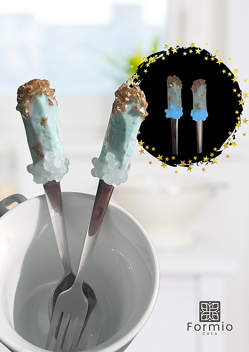 Originálny darček pre kamarátku – kávová lyžička a dezertná vidlička, tyrkysovy kryštál