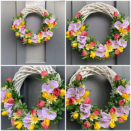 Jarný veniec na bielom prutenom základe dekorácia na dvere