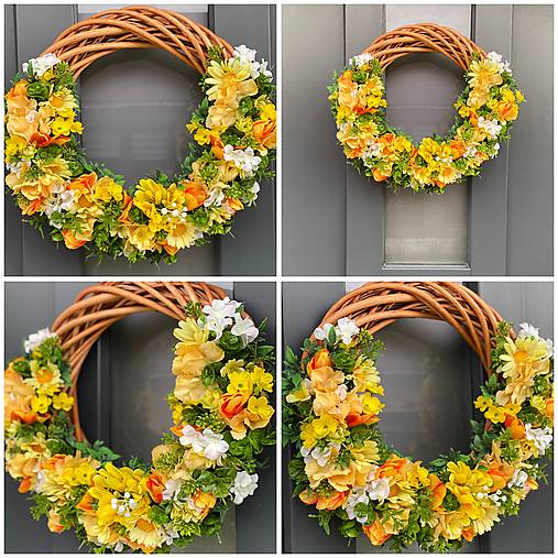 Jarný veniec na svetlo hnedom prutenom základe dekorácia na dvere