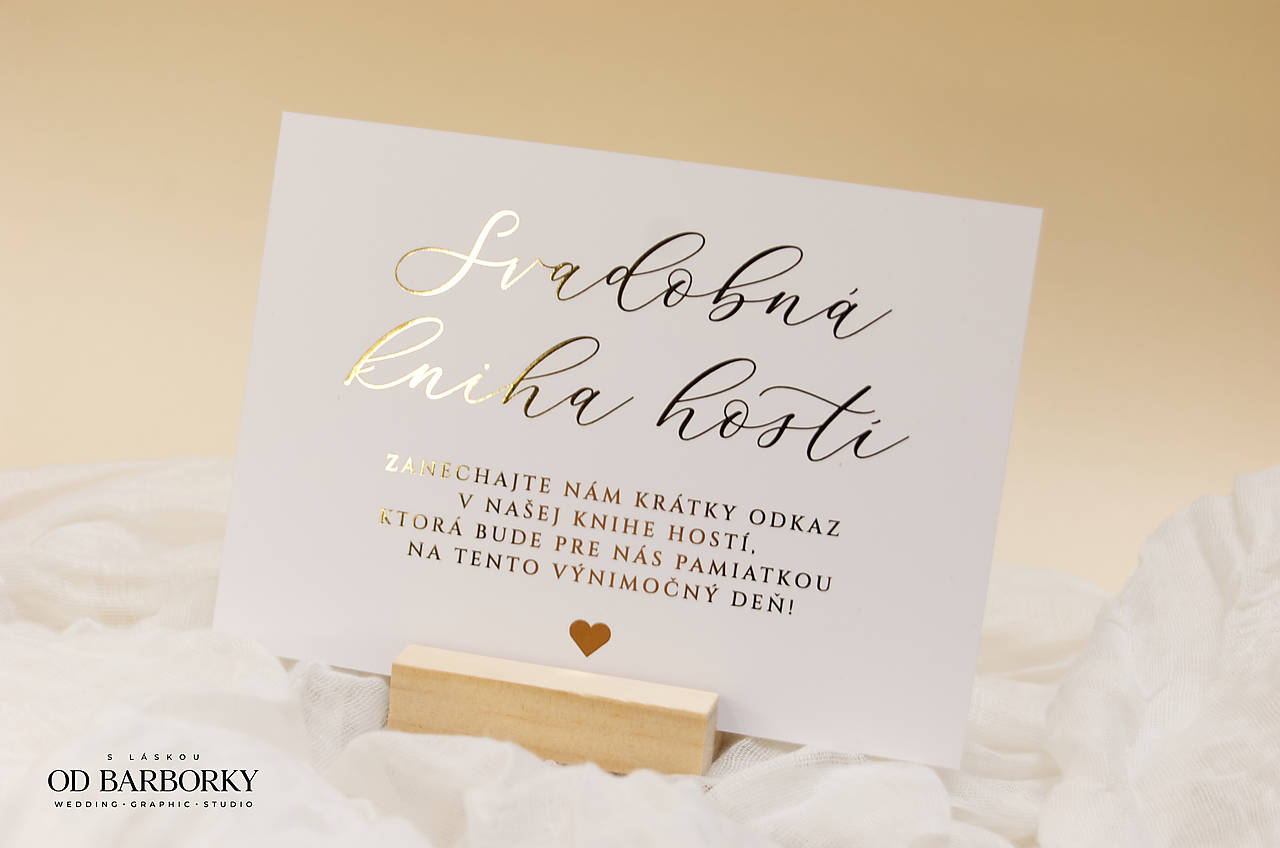Metalicky zlátená kartička "Svadobná kniha hostí"