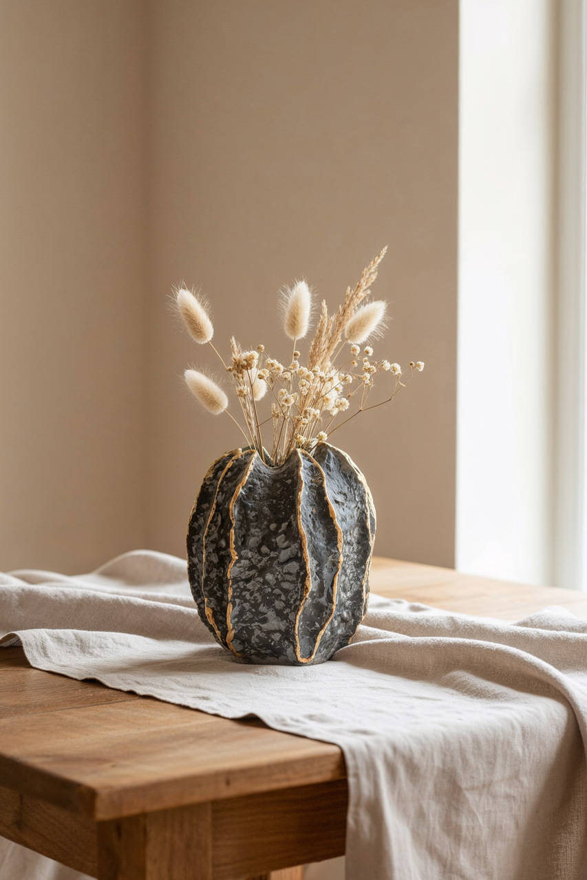 Ručne vyrobená váza z papier-mâché so zlatým detailom | dekorácia na sušené kvety