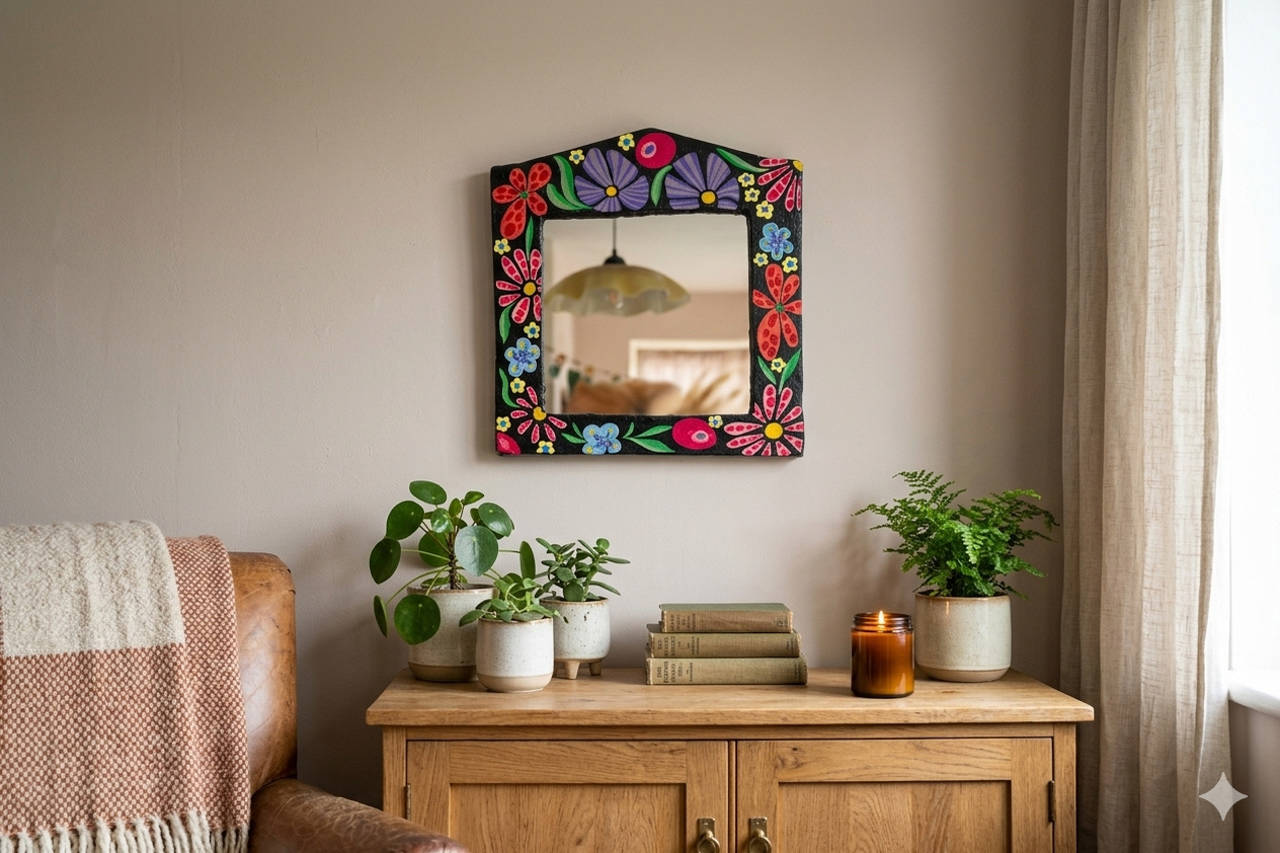 Ručne maľované zrkadlo z papier-mâché s kvetmi | farebný folk dekor
