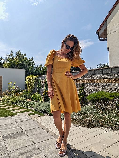 Letné šaty Eloise - žlté ľanové - AKCIA!