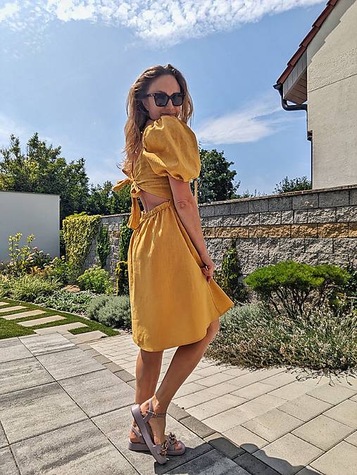 Letné šaty Eloise - žlté ľanové - AKCIA!