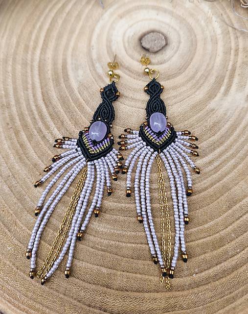 Náušnice - Boho makramé náušnice s ametystom - 18256179_