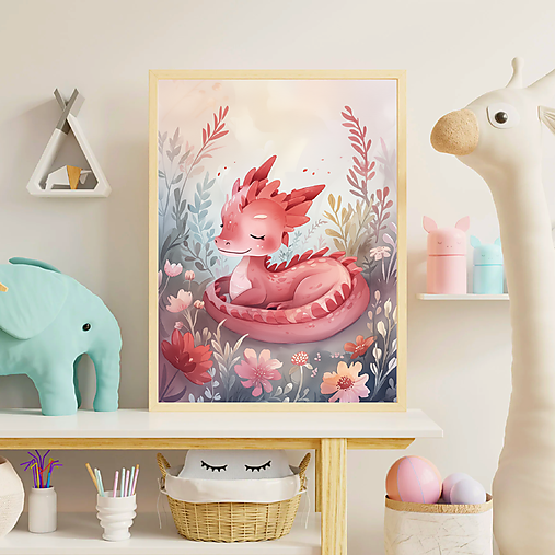 Grafika - Červený dráčik v kvetinách print (PDF) - 18262832_