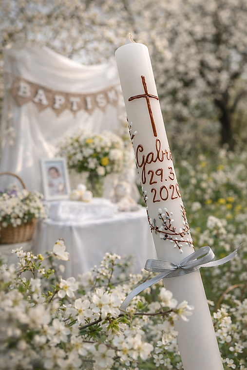 Ručne maľovaná krstná svieca jarne ladená s bahniatkami a personalizáciou – 35 cm, biely vosk