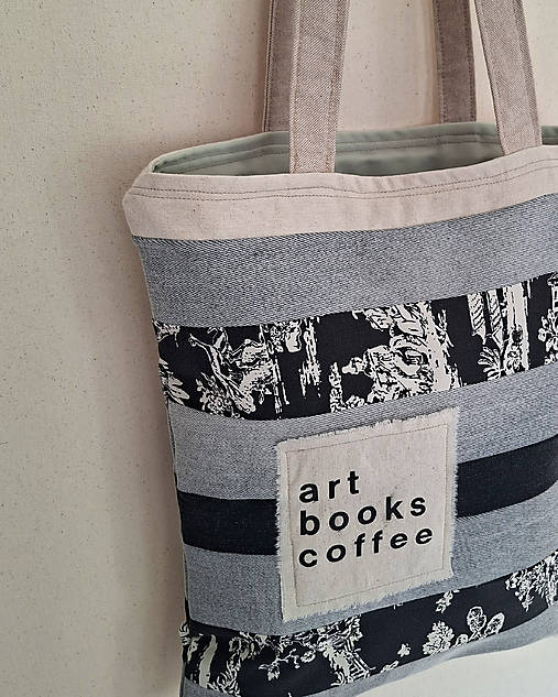 Nákupné tašky - Taška cez plece Art - Books - Coffee/ recycled denim - 18265290_