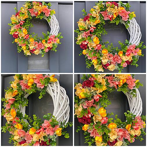 Jarný veniec “L”na bielom prutenom základe 40cmdekorácia na dvere Polmesiac