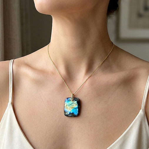 Rainbow Labradorite Pendant AG925 Gold Plated / Strieborný pozlátený prívesok s veľkým labradoritom E025