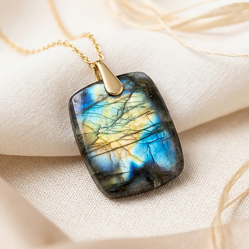 Rainbow Labradorite Pendant AG925 Gold Plated / Strieborný pozlátený prívesok s veľkým labradoritom E025