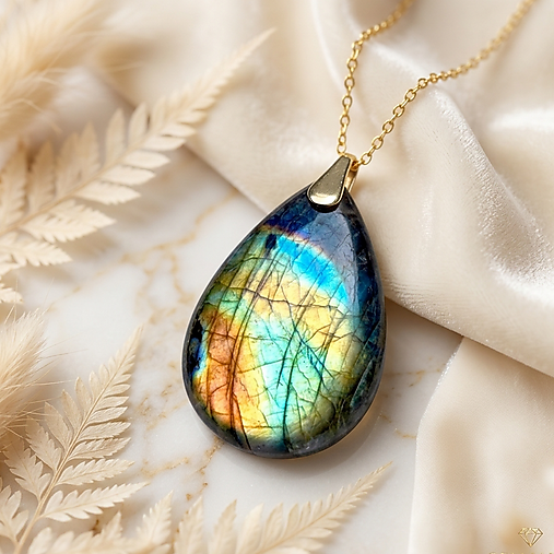 Teardrop Rainbow Labradorite Pendant AG925 Gold Plated / Strieborný pozlátený prívesok s veľkým labradoritom E025