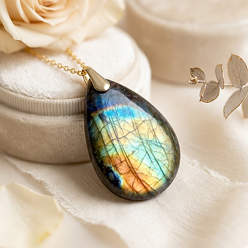Teardrop Rainbow Labradorite Pendant AG925 Gold Plated / Strieborný pozlátený prívesok s veľkým labradoritom E025