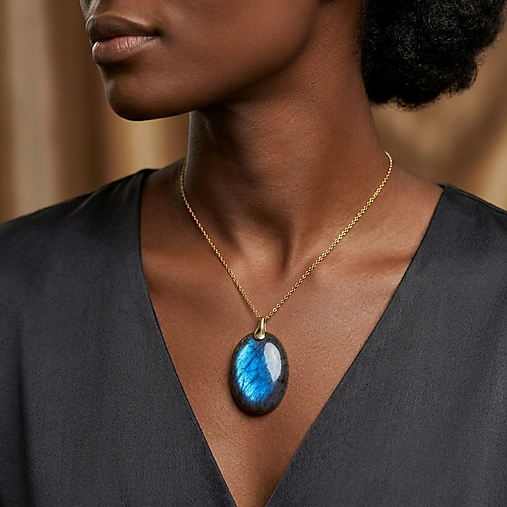 Blue Oval Labradorite Pendant AG925 Gold Plated / Strieborný pozlátený prívesok s veľkým labradoritom E025