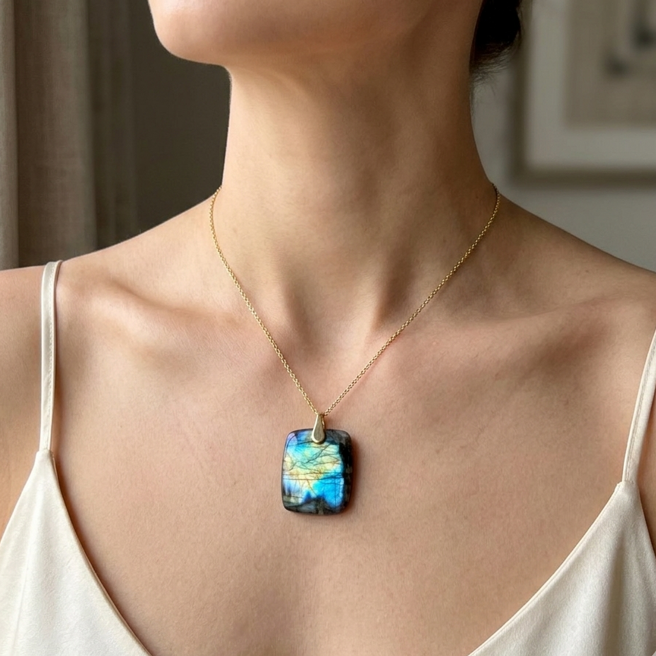 Rainbow Labradorite Pendant AG925 Gold Plated / Strieborný pozlátený prívesok s veľkým labradoritom E025