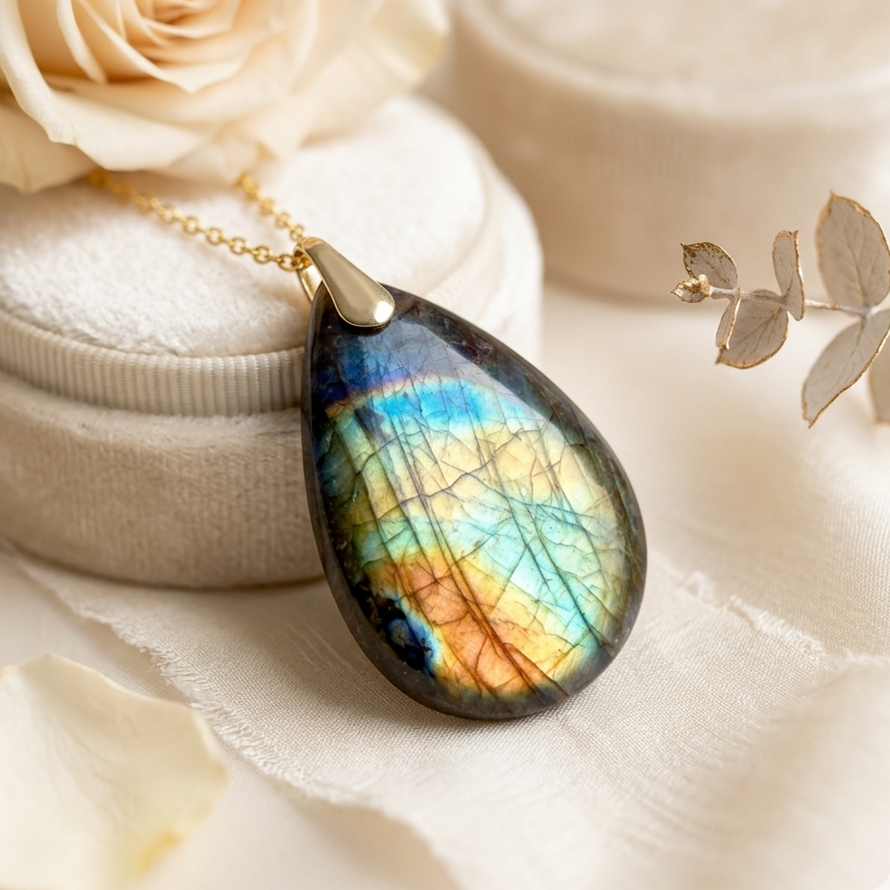 Teardrop Rainbow Labradorite Pendant AG925 Gold Plated / Strieborný pozlátený prívesok s veľkým labradoritom E025