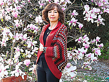  - Cocoon Kardigan - dámsky háčkovaný "granny square" sveter červený - 18268539_