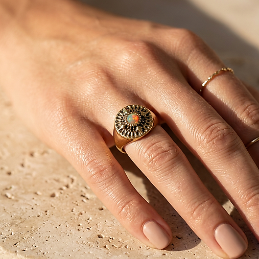 Welo Opal Antique Golden Ring  / Masívny prsteň s welo opálom etiópskym E073