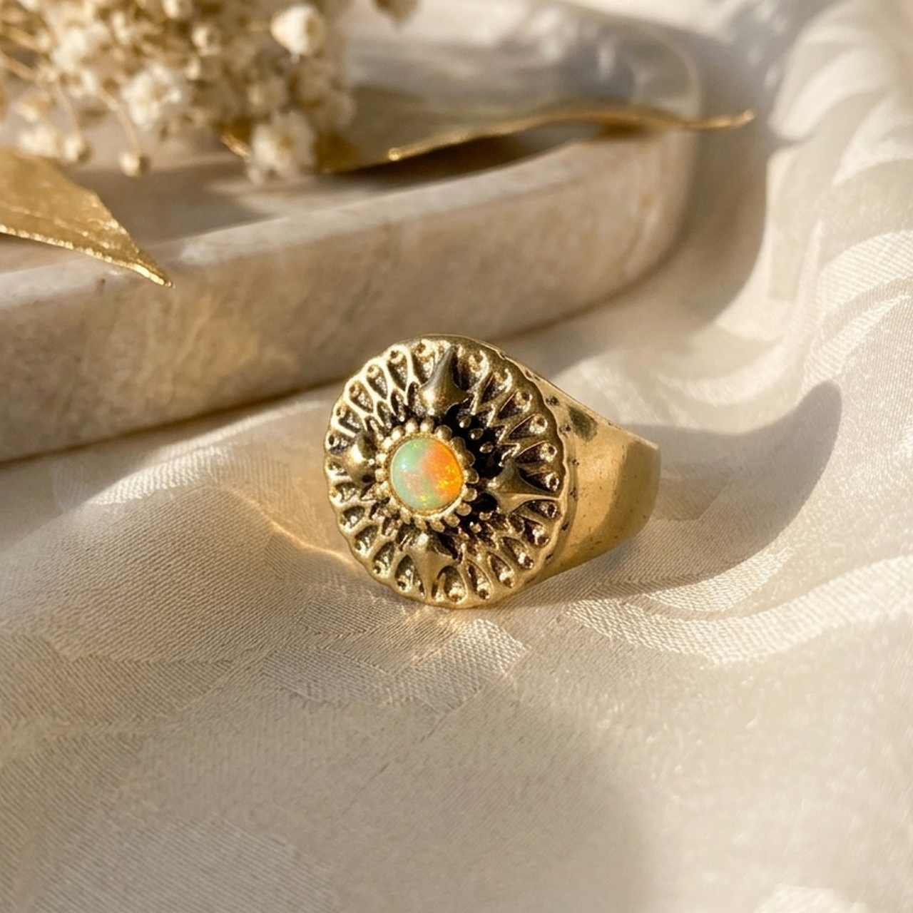 Welo Opal Antique Golden Ring  / Masívny prsteň s welo opálom etiópskym E073