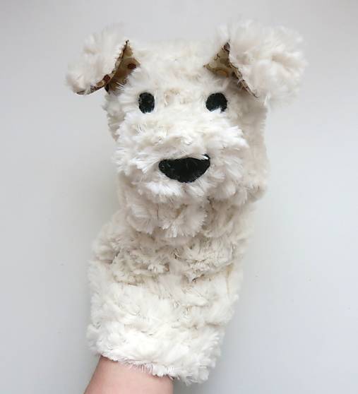 Maňuška psík chlpatý - Biely s kolečkovými uškami