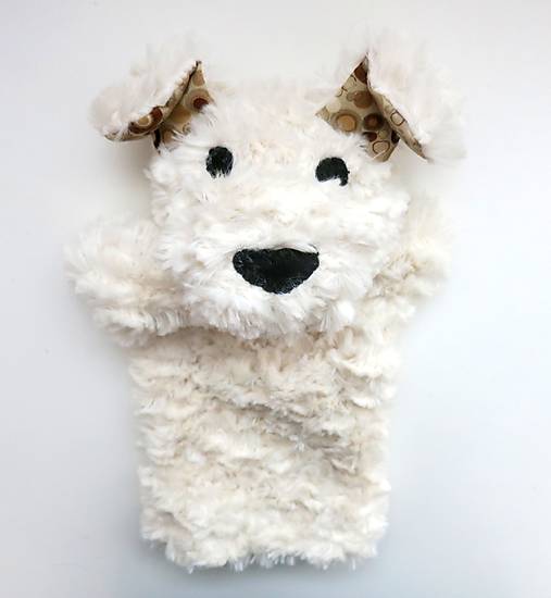 Maňuška psík chlpatý - Biely s kolečkovými uškami