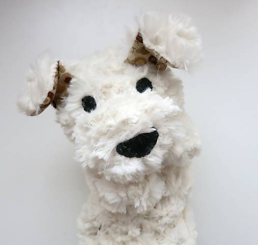 Maňuška psík chlpatý - Biely s kolečkovými uškami