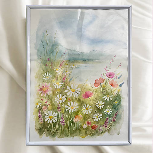 Obrazy - Letná lúka_akvarel v ráme 40x30 - 18272288_